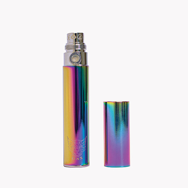 Linx Rainbow or Iridescent 510 Vape Battery, and Iridescent-Cartridge cover steel colored on white background 