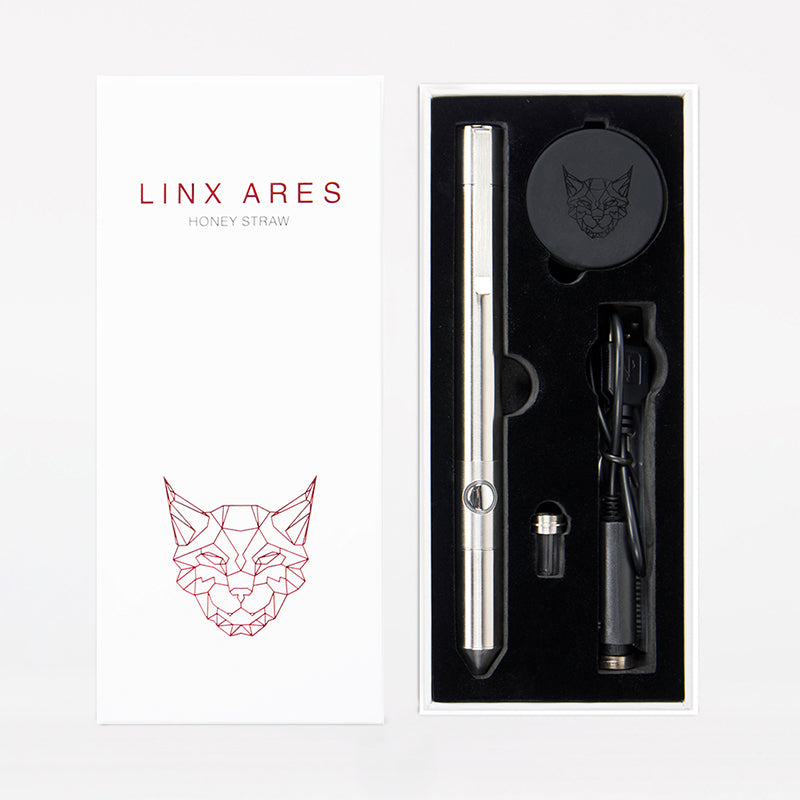 Linx Ares Dab Straw Kit In Box With Ceramic Container and 510 Battery on White Background